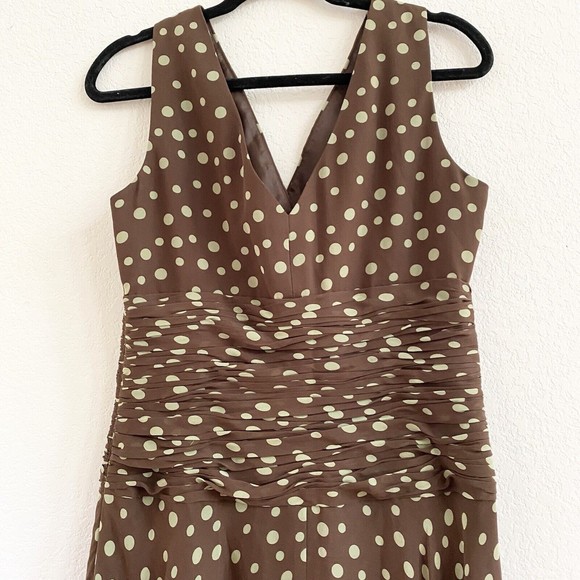 Suzi Chin Womens Size 10 Brown Green Polka Dot Empire Waist Silk Dress - Picture 7 of 16